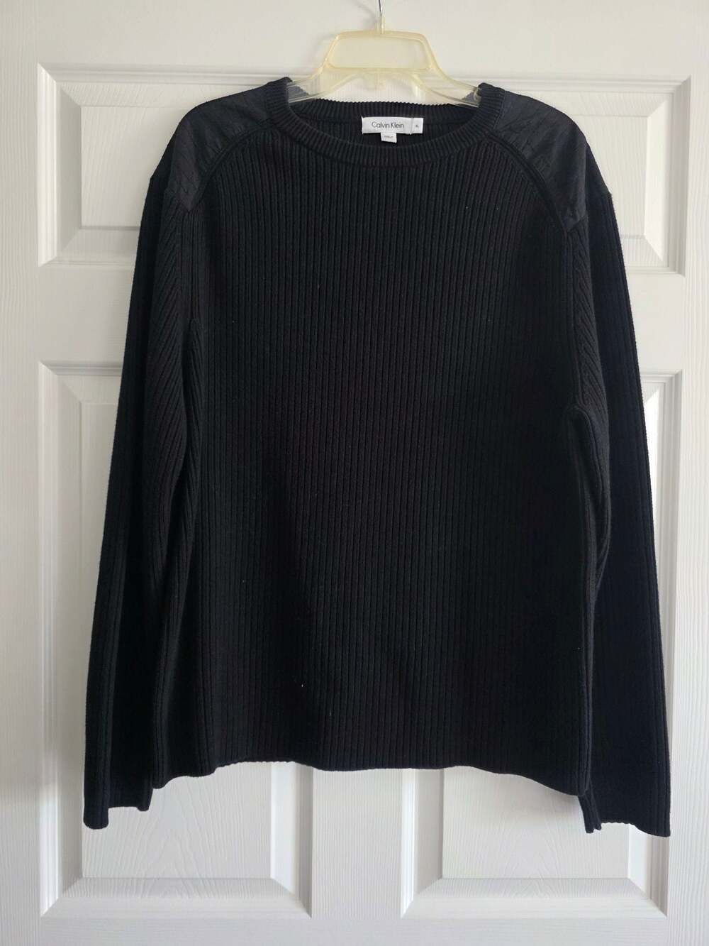 Calvin Klein Mens Black Ribbed Knit Military Sweater Patch XL EUC 100% Cotton